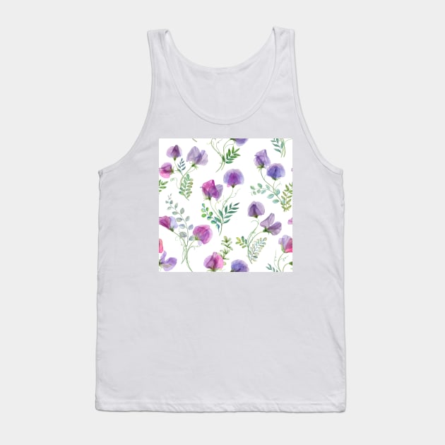 Sweet pea and spring leaves watercolor botanical print. Romantic transparent flowers. Spring floral bouquets Tank Top by likapix
